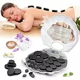 Hot Stone Massage Set, 20 Stück Massagesteine Basalt im Heizkoffer Tragbar, Lavasteine für Massage, Basalt Steine Geeignet für Privatanwender, Spa, Massagetherapy & Entspannung (Grauweiß)