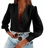 Imily Bela Damen Satin Bluse V-Ausschnitt Button-down Blusen Langarm Elegant Shirts Elegant Chiffon Hemd, Schwarz, L