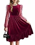 Arshiner Mädchen Samt Kleid Rot Langarm Kinderkleid A Line Swingkleid Festlicheskleid Rüschen Winterkleid Rundhal Kinder Partykleid Einfarbig Geburtstagkleid mit Tasche 160/12-13 Jahre