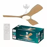 Philips Olas Deckenventilator, 3 Flügel, klein(42') 24 W LED-Licht, DC-Motor, Farbtemperaturbereich (3000 K, 4300 K, 6500 K) mit Dimmfunktion, Weiß/Holz, inkl. Fernbedienung