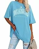 Ebifin Oversize T Shirt Damen Vintage Kurzärmeliges Rundhals Los Angeles Oberteile Tops Casual Lockere Basic Sommer Tee Shirts Bluse.Azurblau.XXL