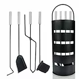 Aufun Kaminbesteck Edelstahl 5-teilig Modern Kamin Zubehör Set Kamingarnitur inkl. Besen, Schaufel, Schürhaken, Zange und Ständer mit Sichtschutz, Schwarz