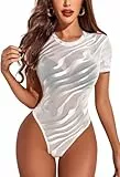 Avidlove Formende Bodys Damen Elegant Stickerei Spitzen Tops Sexy Sheer Mesh Bodysuit Schlankheits Body Kurzarm Shirts Weiß M