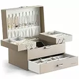 Dajasan Schmuckkästchen, Schmuckaufbewahrung, 3 Ebenen PU-Leder Schmuckschatulle mit 1 Schubladen, Groß Schmuckbox für Schminktisch, Modern, Geschenk für Frauen & Mädchen (Champagnerfarben)