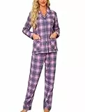 ENJOYNIGHT Schlafanzug Damen Lang Baumwolle Flanell Pyjama Set Zweiteiliger Nachtwäsche Langarm Knopfleiste Lounge Set (Large,Lila Kariert)