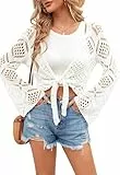 Saodimallsu Damen Sommer Strickjacke V Ausschnitt Boho Tops Oversized Langarm Ärmel Strickpullover Sexy Crochet Cardigan Strand Bikini Cover Up(Weiß,M)