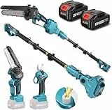 SEESII P6 Combo 6 Zoll Mini Kettensäge mit Teleskopstange & 33 mm Elektro Gartenschere, 4-in-1 Gartenwerkzeug Set mit 2 x 4000mAh Batterien, Maximale Reichweite bis 4,57 m, 30 ml Öltank
