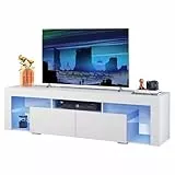 WLIVE 160 cm LED TV Schrank, TV-Schrank Weiß Fernsehtisch mit LED für 50 55 60 65 70 Zoll Fernseher, 20 Farben RGB Fernsehschrank für Wohnzimmer Schlafzimmer, Moderne TV Bank aus Holz mit 2 Schubladen
