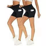 Missluck 2er Pack Radlerhose Damen Hohe Taille Kurze Sporthose Shorts Sommer Leggings Blickdicht Hotpants Unter Kleider für Yoga Sport, S-M, Schwarz/Schwarz-mit Taschen
