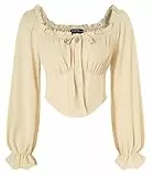 SCARLET DARKNESS Damen Trachtenbluse Gesmokte Taille Laternenärmel Korsett Top Elastische Taille Wikinger Kleidung Aprikose M