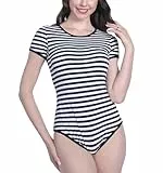 Landofgenie Bodys für Damen Einteiler Bodysuit Onesie Pyjamas Nachtwäsche Tops Shirt Schwarz Streifen M