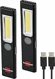 Brennenstuhl LED Akku Handleuchte PL 200 AC Set / 2x LED Taschenlampe mit COB LED (200lm, inkl. 2x USB C-Ladekabel, bis zu 12h Leuchtdauer, Inspektionsleuchte mit Magnet und Clip)