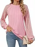 Decorie Damen Elegant Trachtenbluse Spitzenbluse Langarmshirt Festliche Bluse Spitzen Oberteil Damenbluse Langarm Tunika Damen T-Shirt Longbluse Blusenshirt (Rosa, L)