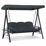 M MCombo 3-Sitzer Hollywoodschaukel mit Liegefunktion, Verstellbarem Sonnendach & Getränkehalter, Gartenschaukel bis 360kg Belastbar Schaukelbank Outdoor Wetterfest 204x118x181 cm 4093 (dunkgelgrau)