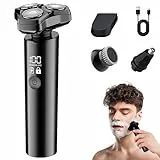 Rasierer Herren,4-in-1 Elektrorasierer für Bart & Koteletten,Kabelloser Wiederaufladbarer Rotationsrasierer mit LED-Anzeige zum Bartrasierer,3D Rotationsrasierer Nass & Trocken,IPX7 Wasserdicht (01)
