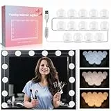 Akynite Spiegelleuchte Hollywood 14 LED Birnes, 3 Farbwechsel und 10 Helligkeit, Spiegellampe USB mit Schalter und Kabel, Schminktisch Beleuchtung Dimmbar, DIY Licht für Kosmetikspiegel Bad