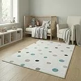 Jimri Kinderteppich DOTS l Pünktchen Gepunktet l Öko-Tex Siegel | Farbe: Beige Blau Rosa | Kinderzimmer/Jugendzimmer (Weiß, 160 x 230 cm)