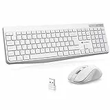 KOORUI Kabellose Tastatur und Maus, 12 Multimedia- und Shortcut-Tasten, UK-Layout, volle Größe, Tastatur- und Maus-Set für Windows, MacOS, Linux, Kaltweiß (Batterien Nicht im Lieferumfang enthalten)