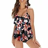 Veranobreeze Badeanzug Damen Zweiteilig Tankini Damen Bauchweg Hohe Taille Freizeit Oberteile mit Hotpants Rüschen Badeanzug Damen Große Größe(Birnenblüte, EU44)