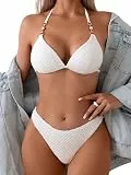 GORGLITTER Bikini Damen Set Mit Ketten Neckholder Bikini Set Triangel Bikini Sexy Zweiteiliger Badeanzug Mit Perlen Bademode Weiß M