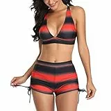 GOTOTOP Damen Badeanzüge mit Bikini Hoher Taille Shorts Gestreifter Verlauf Bademode Sexy Neckholder Zweiteilige Badebekleidung (L-Rot)