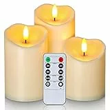 Homemory Outdoor Wasserdicht Flammenlose Kerzen, LED-Kerzen, Batteriebetriebene Kerzen mit Fernbedienung Timer, Elektrische gefälschte Kunststoff-Kerzen, Dunkel Elfenbein, 3er-Set