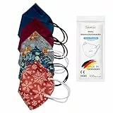 TubeRoo FFP2 Maske Set Winter 5 Farben Muster Motiv Dunkelblau Bordeaux Hellgrau Rot 5 Stück Masken aus Deutschland, Made in Germany, weiche runde Ohrschlaufen Bänder, Atemschutzmaske, Mundschutz