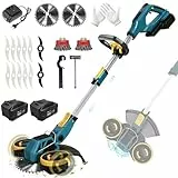 Rasentrimmer mit Akku und Unkrautbürste, Akku Rasentrimmer für Makita-Akkus mit 4 Klingentypen und 2X4.0Ah Akkus, 21V Bürstenlose Freischneider Akku für Garden Trimmen (Blau)
