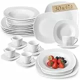 MALACASA Serie Elisa, Porzellan Tafelservice 30-teilig Geschirrset im schönen Design mit je 6 Kaffeetassen, 6 Untertassen, 6 Dessertteller, 6 Suppenteller und 6 Essteller Frühstückservice, Grauweiß