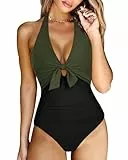RXRXCOCO V Ausschnitt Push Up Sexy Badeanzug Damen Bauchweg Shape Bademode Neckholder Rückenfrei Badeanzug Mit Cups Swimsuit Grün Schwarz L