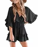 Imily Bela Damen Jumpsuit V Ausschnitt Fledermausärmel Strandkleid mit Kordelzug Sommer Lose Romper(Schwarz, L)