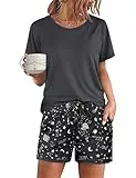 Demegimi Schlafanzug Damen Kurz Pyjama Baumwolle Star Nachtwäsche Sommer Set Rundhals Nachtwäsche Kurzarm Schlafanzüge S-XXL