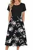 MOLERANI Damen Sommerkleid - Blütenblatt Ärmel Rundhals Freizeitkleid Knielang Loose Swing Damenkleid Casual Tunika Kleid mit Tasche Schwarze Orchidee L