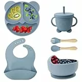 Eliano 6-teiliges Silikon Baby Geschirr Set – BPA-frei – Rutschfester Teller & Schüssel, Lätzchen, Trinklernbecher mit Strohhalm & Besteck – Baby Led Weaning Set (Blau)