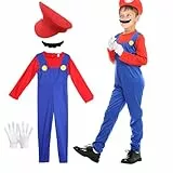 Capaneus Kostüm Super Brothers Klempner, Super Klempner Kinder Kostüm Cosplay Outfit mit Rot Mütze, Handschuhen und Schnurrbart für Karneval Halloween Jungen Mädchen Faschingskostüme