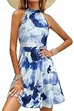 OUGES Sommerkleid Damen Knielang Neckholder Kleid Sommer Blumenmuster Elegant Cocktailkleid