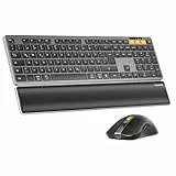 ProtoArc Kabellos Tastatur Maus Set, KM60 Full-Size Bluetooth Tastatur und Maus mit Handballenauflage, Wiederaufladbar, QWERTZ Deutsch, 2.4G + Dual Bluetooth - Space Grau