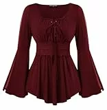 SCARLET DARKNESS Renaissance Bluse Damen Gesmockt mit Rüschen Lange Ärmel Mittelalter Tunika Rotwein XL