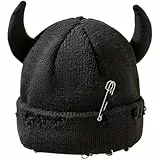 HiyyFloy Unisex-strickmütze, Strickmütze Teufelshörnern, Halloween-totenkopfmütze Im Used-Look, Lustige Hip-hop-mütze, Winddichte, Warme Wintermütze Für Damen Und Herren