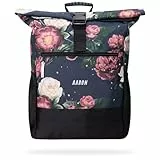 AARON Rolltop Rucksack Damen und Herren, mit Laptopfach, inkl. AirTag Halter, Daypacks, Rollrucksack aus recycletem PET für UNI, Reisen, Alltag, Rolltop Backpack in schwarz und Blumen