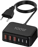 USB Ladegerät, 100W 6-Port Adapter Mehrfach Ladegerät mit USB-C und USB-A, Schnellladegerät PD 3.0 USB C Charger Power Netzteil für iPhone 15 14 13 12 11 SE XS XR 8, iPad, Samsung, Handys