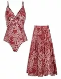 GRACE KARIN Damen Monokini, V-Ausschnitt mit Blumenprint, 2-teiliges Badeanzug-Set mit Schwimmrock und Tummy Control Weiße Blumen auf Rot M