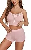Avidlove Damen Pyjama Set V-Ausschnitt Schlafanzug Sommer Pyjamas Sets Ärmellos Spaghettiträger Sleepwear kurz Spitze Camisole Dessous Sexy Nachtwäsche Rosa M
