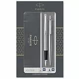 Parker Jotter Duo-Geschenkset mit Kugelschreiber und Füller | Edelstahl mit Chromzierteilen | Nachfüllmine und -patronen mit blauer Tinte | Geschenkbox