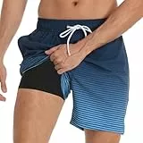 Badehose für Herren mit Kompression Mesh-Futter, 2 in 9 Schnelltrocknend Badeshorts Kurz, Verstellbar Tunnelzug Tasche Männer Schwimmhose Boardshorts für Strand Surf Sport XL Schwarz Blau Verlauf