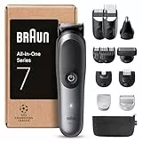 Braun All-in-One Series 7, 12-in-1 Multigroomer, Haarschneidemaschine für Gesicht, Kopf und Körper, Barttrimmer, Nasenhaartrimmer, 120 Min Akku, 14 Längen (3–21 mm), Wasserdicht, AIO7545, Grau