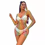 FYMNSI Damen Regenbogen Durchsichtig Fischnetz Langarm Mini Kleid Babydoll Bunte Mesh Netz Minikleid Bodycon Rave Festival Clubwear Nachtwäsche Negligee Dessous Erotik Badeanzug Cover Up Langarm Kleid