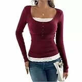 Generisch Langarmshirt Damen U-Ausschnitt Gerippt Pullover Elegant Stretch Langarm Oberteile Casual Basic Tops