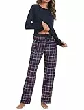 Uniexcosm Schlafanzug Damen Baumwolle Pyjama Set Lang Zweiteiliger Nachtwäsche Raglanärmel Sleepwear und Karierte Pyjamahose Hausanzug Freizeitanzug Stil 1:PAT M