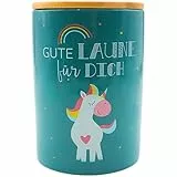 Dekohelden24 Stilvolle Keramik Aufbewahrungsdose/Kaffeedose/Frischhaltedose/Gebäckdose Gute Laune für dich. Motiv: Einhorn. Größe: H/Ø 15,6 x 11 cm.